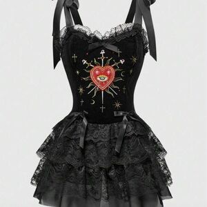 Black Lace Heart Embroidered Dress
